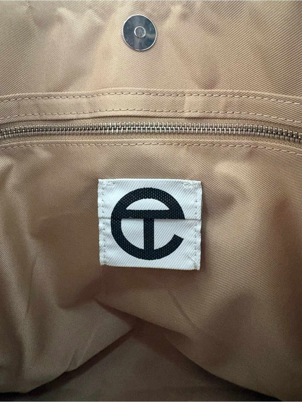 Beige TELFAR Patent Tote Bag with Embossed Monogram